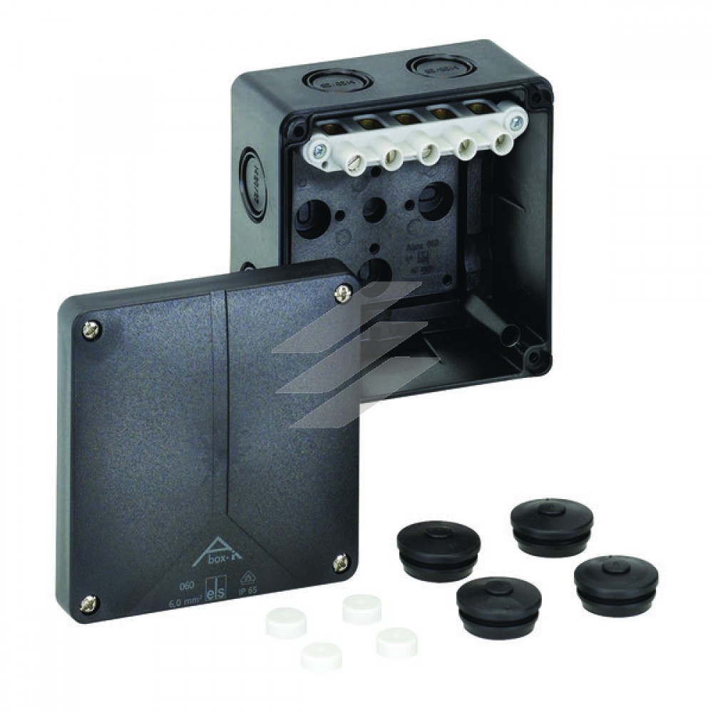 Розподільча коробка Aboх-i 060-6²/sw (110х110х67мм), клема 5х6мм² (4х2.5²-4х4², 3х6² на кожний полюс), полікарбонат, 9 метричних вводів (6-М20/М25, 1-М20, 2-М16 на днищі), IP65, чорна, Spelsberg